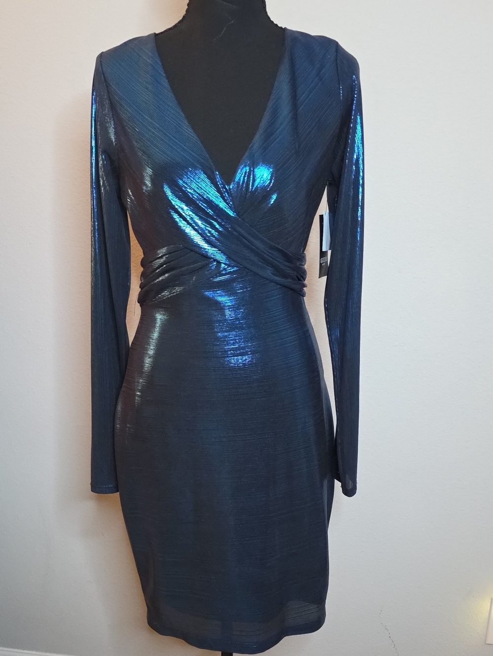 Guess Iridescent Navy Blue Wrap-Front Long-Sleeve Dress
